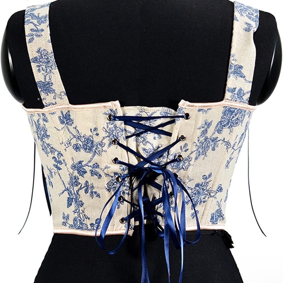 Blue Cream Floral Tapestry Corset Lace Up Top, Y2K inspired, NWT - Picture 6 of 7